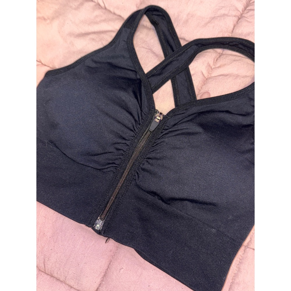 Womens‎ Black Front Zip High Impact Sports Bra Racerback Lightly Padded Large - Picture 2 of 4